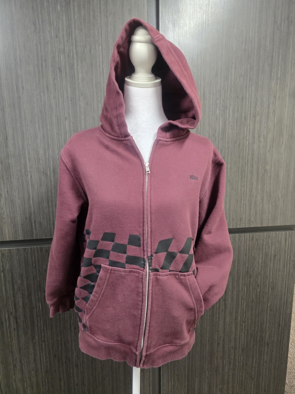 Vans Men's Large Burgundy Checkerboard Full Zip Hoodie Sweatshirt